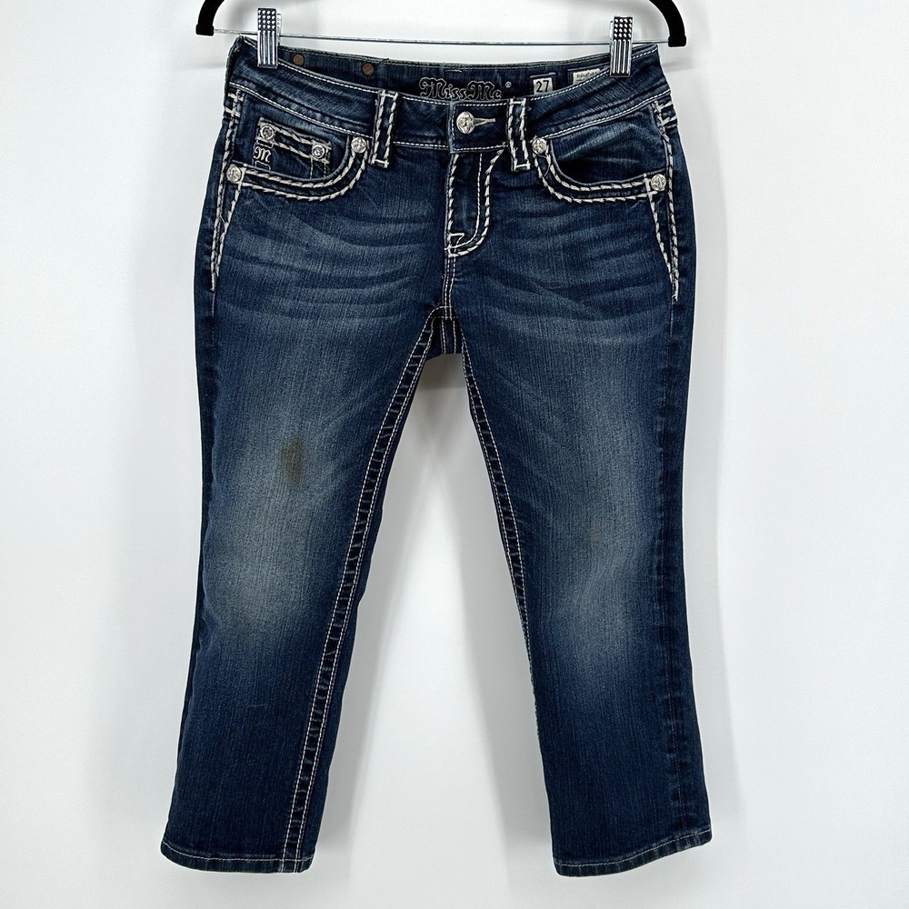 Miss Me Capri Medium 27 Wash Blue Denim Jeans Women Embellished Studded Cuffed